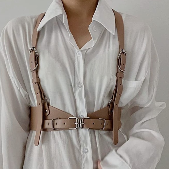 Punk Belly waist body chain black leather goth belt harness for women with strap - Picture 3 of 5